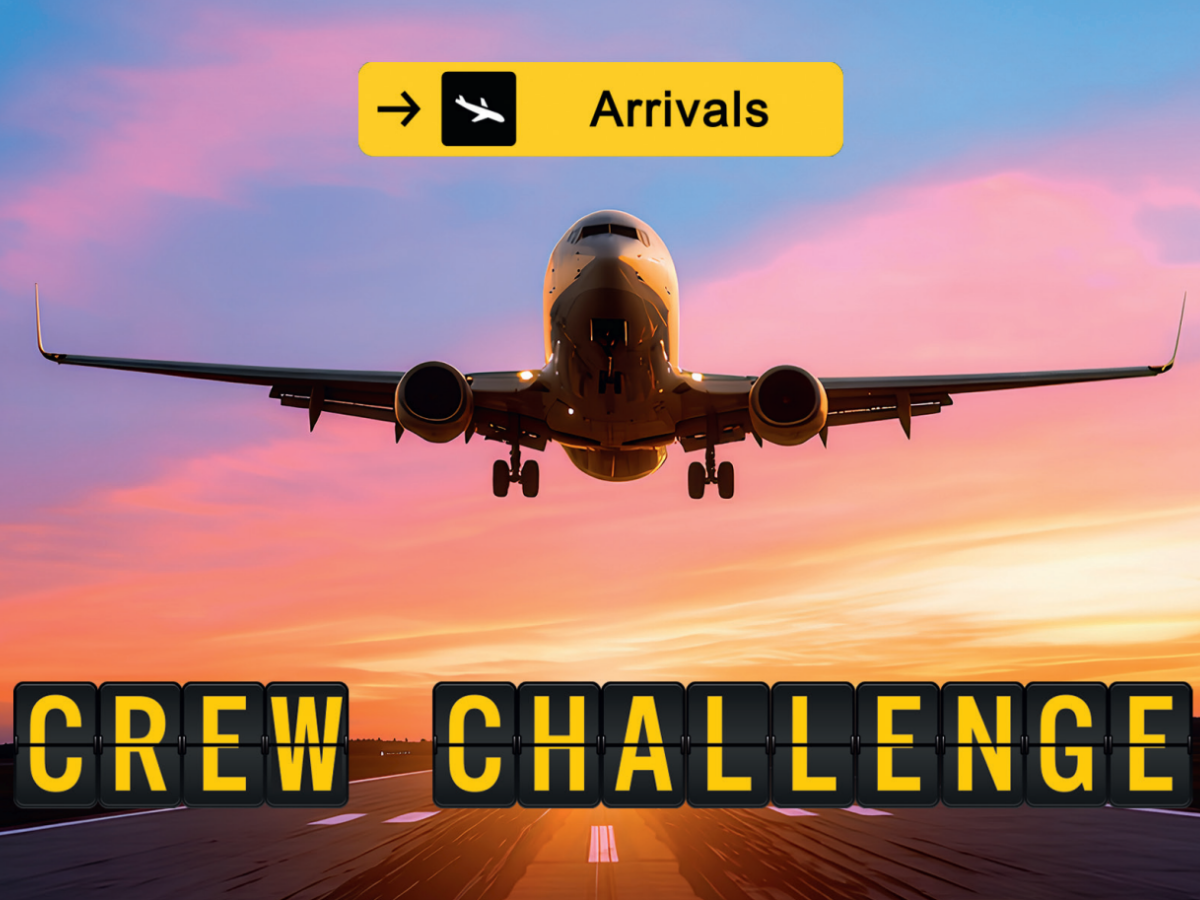 Crew Challenge – Ankunftsszene mit Flugzeug bei Sonnenuntergang und Arrival-Tafel im Airline-Stil.
